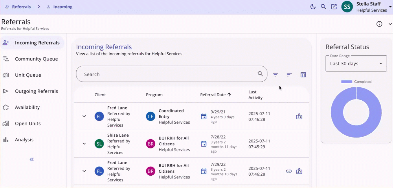 Screenshot of consolidated “Incoming Referrals” view.