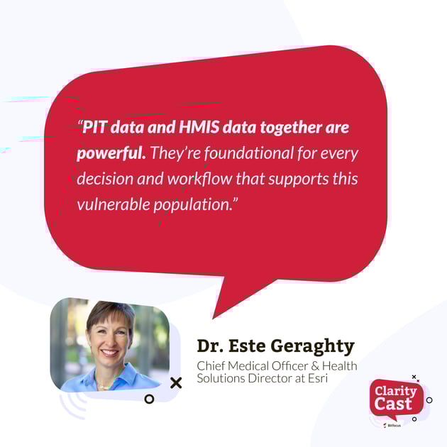 Quote from Dr. Este Geraghty, Esri - “PIT data and HMIS data together are powerful. They’re foundational for every decision and workflow that supports this vulnerable population.”