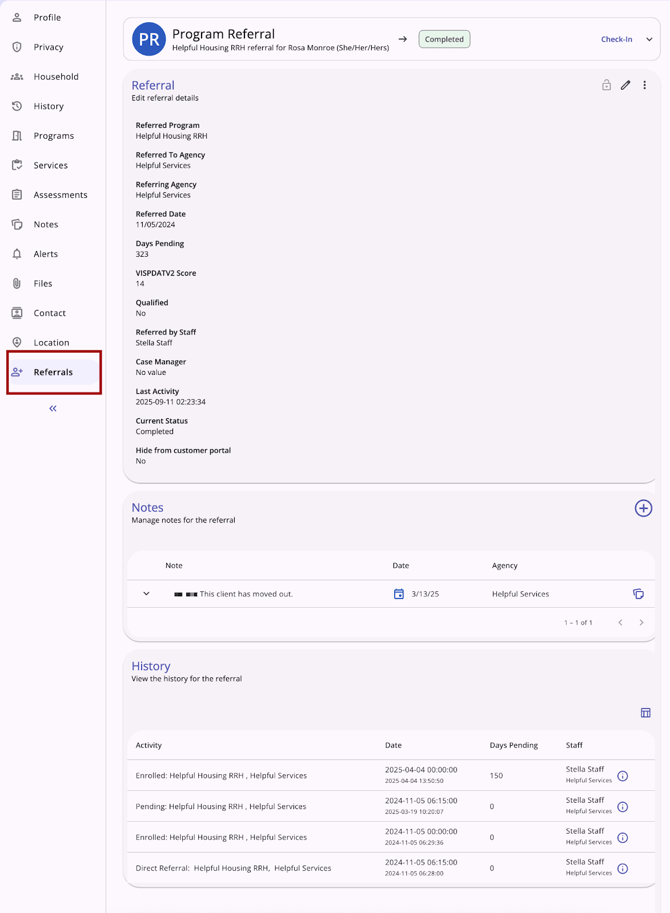 Screenshot showing an enrollment linked to its referral, with referral history visible on the client record.