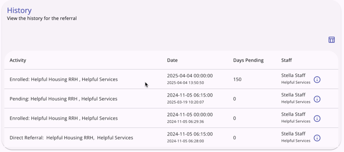 Screenshot of referral history within a client record.