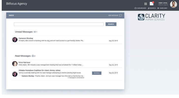 Screenshot of Bitfocus Homeless Management Information System chat system dashboard