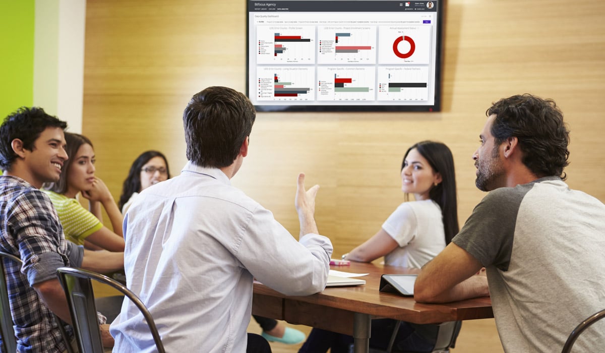 coworkers in discussion with bitfocus app dashboard in background tv